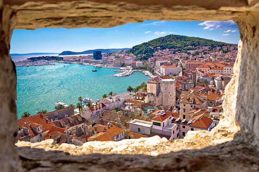 Split  bay aerial view through stone window, Dalmatia, Croatia